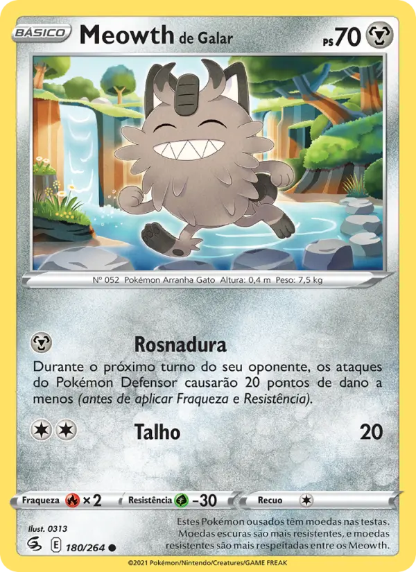 Carta Meowth de Galar, número 180/264 da coleção Golpe Fusão