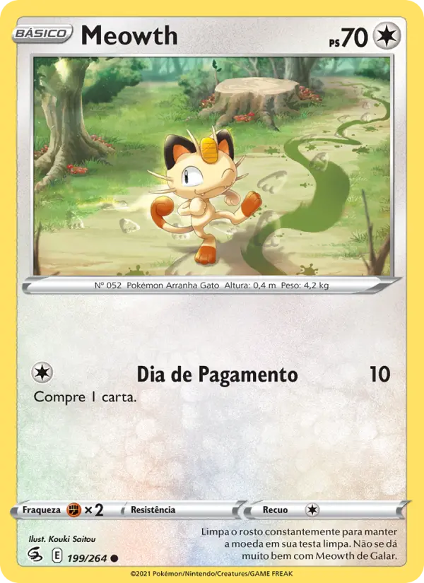 Carta Meowth, número 199/264 da coleção Golpe Fusão