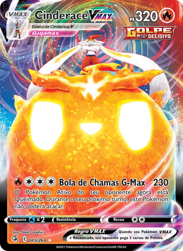 Carta Cinderace VMAX, número 45/264 da coleção Golpe Fusão