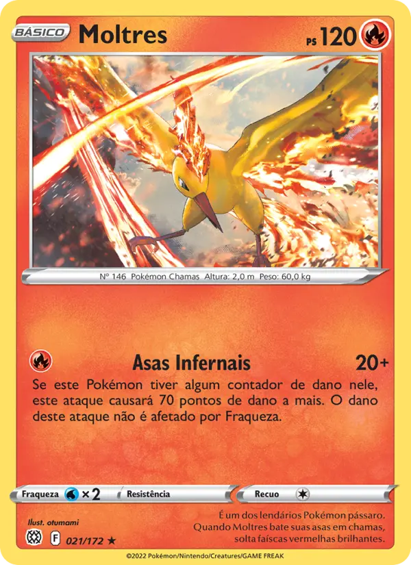 Carta Moltres, número 021/172 da coleção Astros Cintilantes