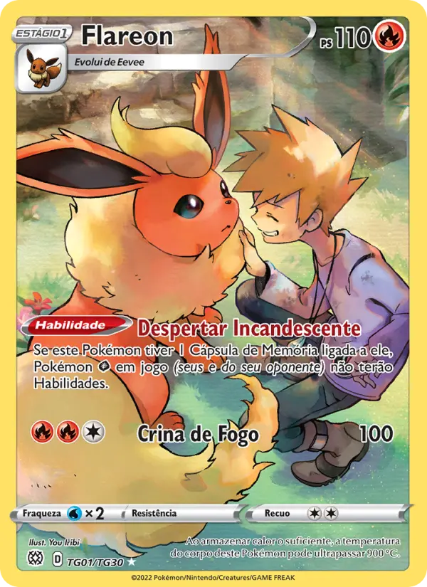 Carta Flareon, número TG01/30 da coleção Astros Cintilantes Galeria de Treinador