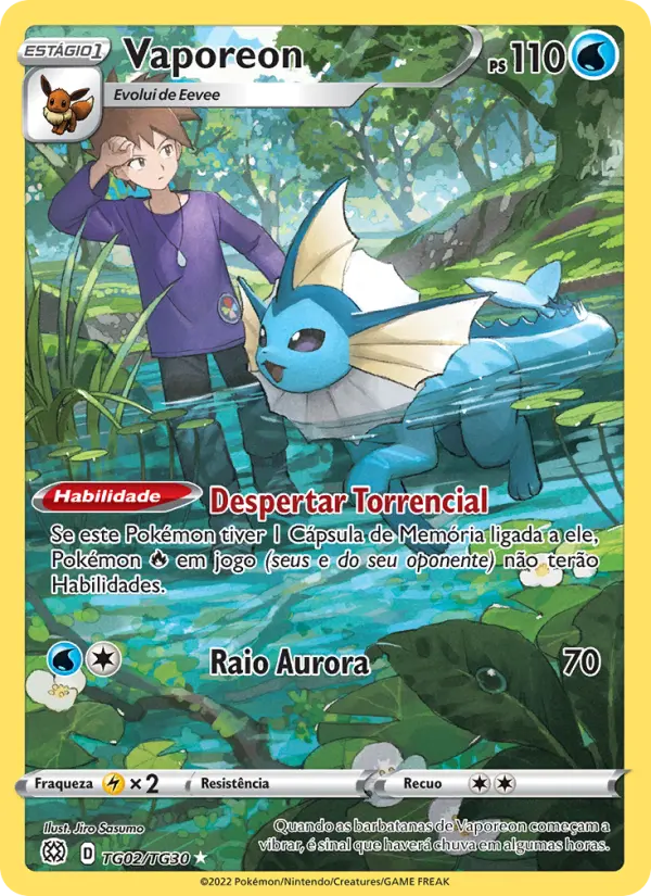 Carta Vaporeon, número TG02/30 da coleção Astros Cintilantes Galeria de Treinador