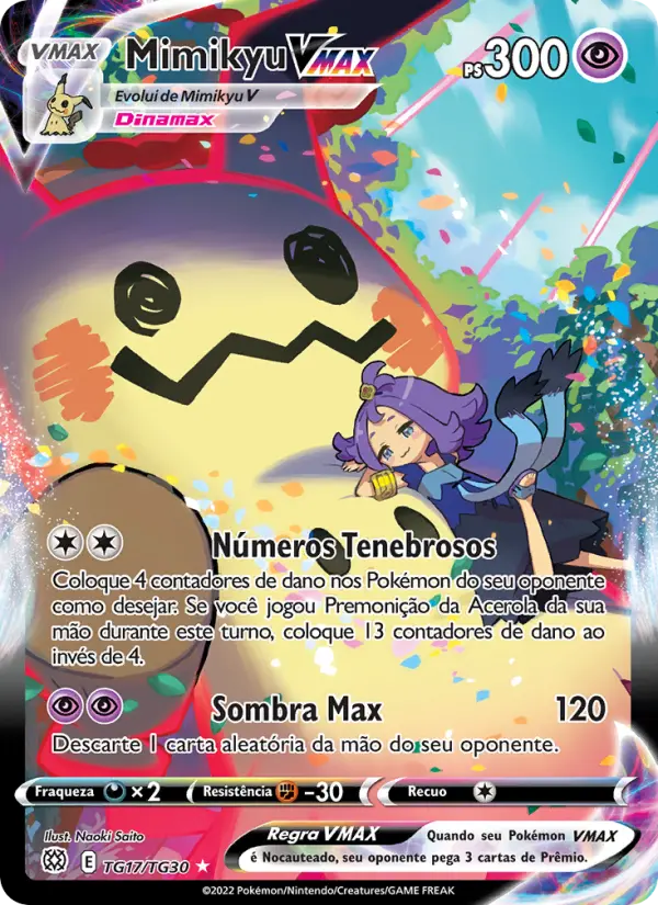 Carta Mimikyu VMAX, número TG17/30 da coleção Astros Cintilantes Galeria de Treinador