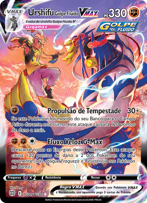 Carta Urshifu Golpe Fluido VMAX, número TG21/30 da coleção Astros Cintilantes Galeria de Treinador