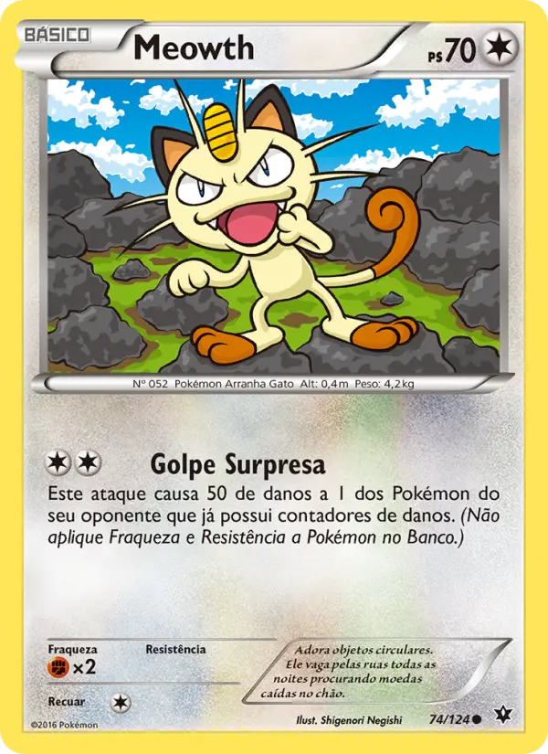 Carta Meowth, número 74/124 da coleção Fusão de Destinos