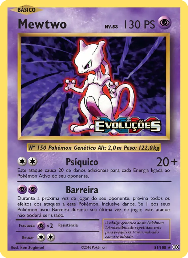 Carta Mewtwo, número 51/108 da coleção Evoluções