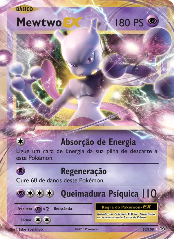 Carta Mewtwo EX, número 52/108 da coleção Evoluções