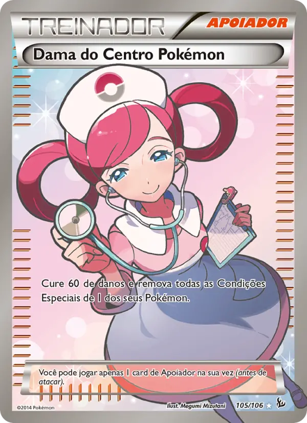 Carta Dama do Centro Pokémon, número 105/106 da coleção Flash de Fogo