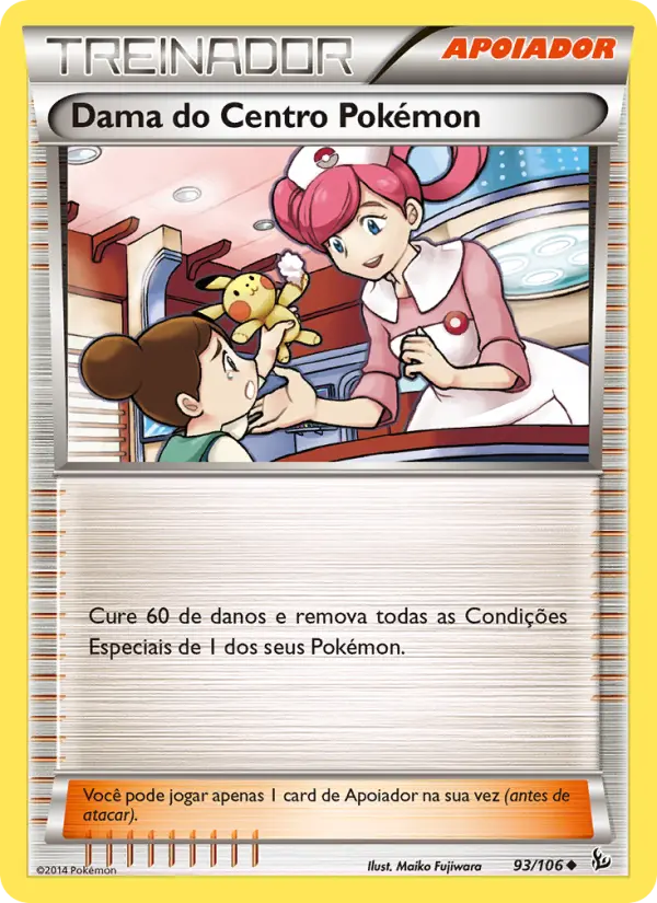 Carta Dama do Centro Pokémon, número 93/106 da coleção Flash de Fogo