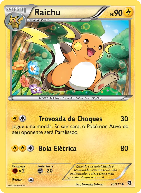 Carta Raichu, número 28/111 da coleção Punhos Furiosos