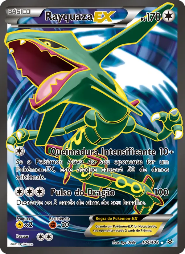 Carta Rayquaza EX, número 104/108 da coleção Céus Estrondosos