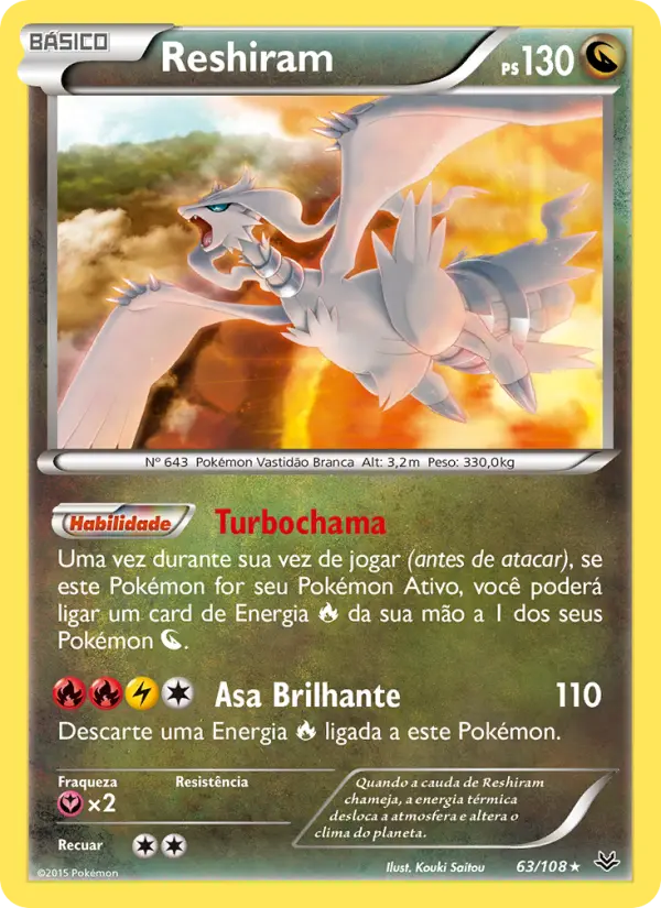 Carta Reshiram, número 63/108 da coleção Céus Estrondosos