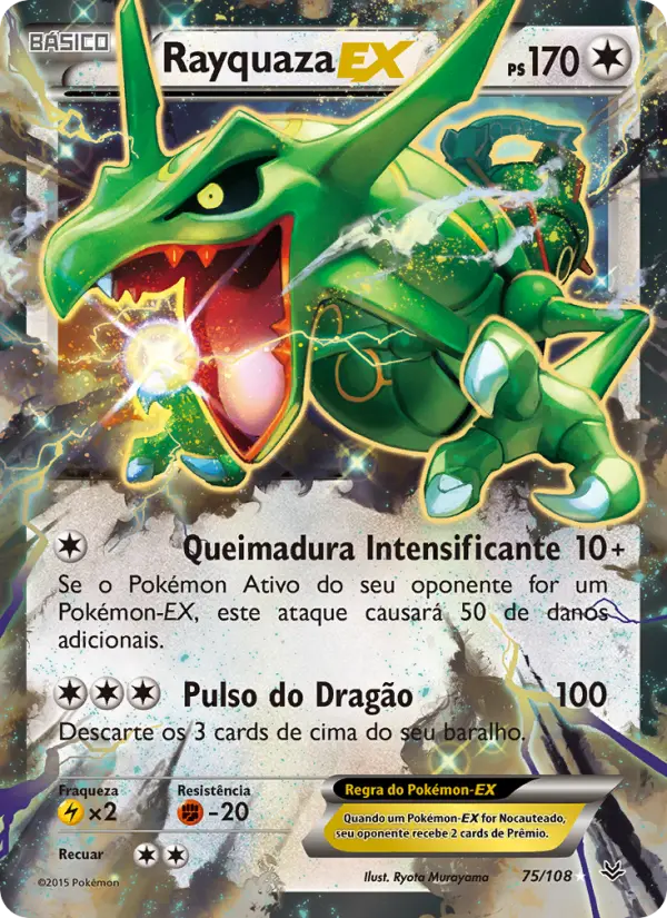 Carta Rayquaza EX, número 75/108 da coleção Céus Estrondosos