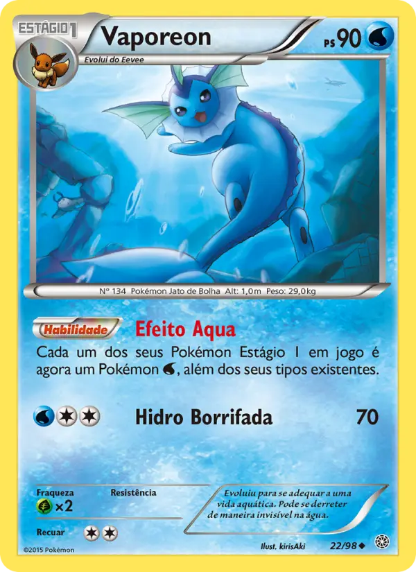 Carta Vaporeon, número 22/98 da coleção Origens Ancestrais