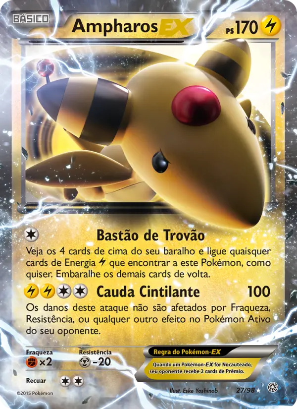 Carta Ampharos EX, número 27/98 da coleção Origens Ancestrais
