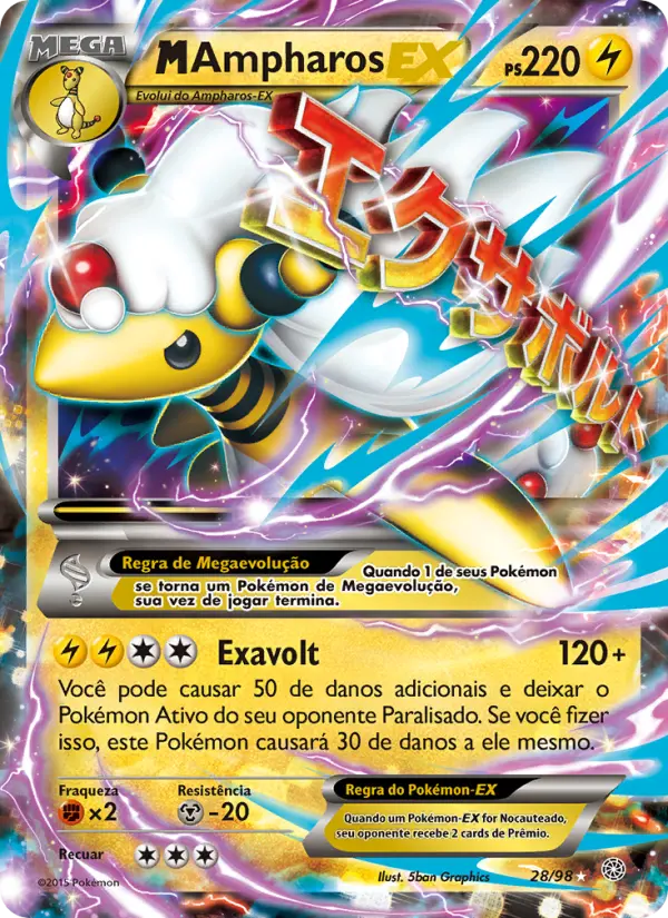 Carta M-Ampharos EX, número 28/98 da coleção Origens Ancestrais